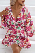 Wrap V Neck Bell Sleeve Tiered Floral Print Mini Dress