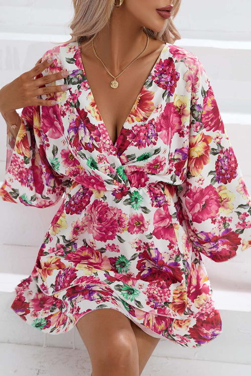 Wrap V Neck Bell Sleeve Tiered Floral Print Mini Dress