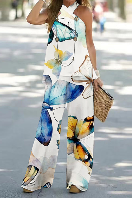 Criss Cross Halter Sleeveless Top Wide Leg Pants Printed Vacation Set