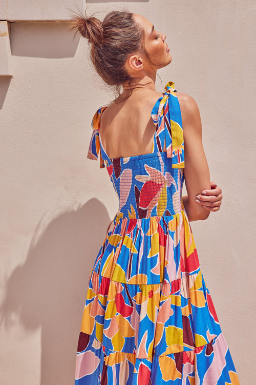 Floral Print Smocked Tie Shoulder Tiered Ruffle Maxi Dress
