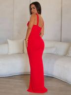 Metal Decoration Cross Shoulder Straps Hip Wrap Pleated Maxi Dresses
