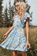 Surplice V-Neck Flutter Sleeve Drawstring Waist Ruffle Hem Floral Mini Dress