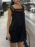 Lace Trim Square Neck Tie Satin Mini&Short Dresses