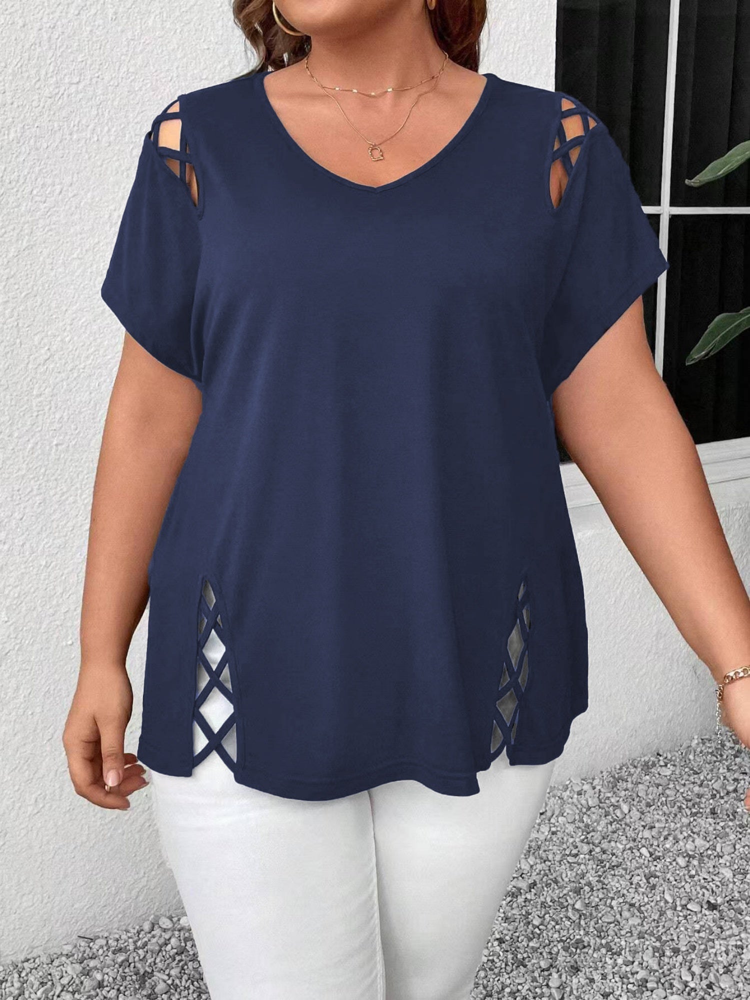 Hollow Out V-neck Cross Belt Short-sleeved T-shirt