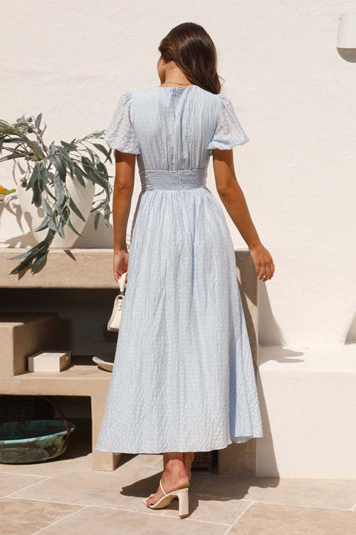 Plisse Texture Puff Sleeve Ruched Waist Button Front Maxi Dress