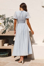 Plisse Texture Puff Sleeve Ruched Waist Button Front Maxi Dress