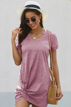 V-Neck Short Sleeve Side Knot Twist Hem T-Shirt Mini Dress