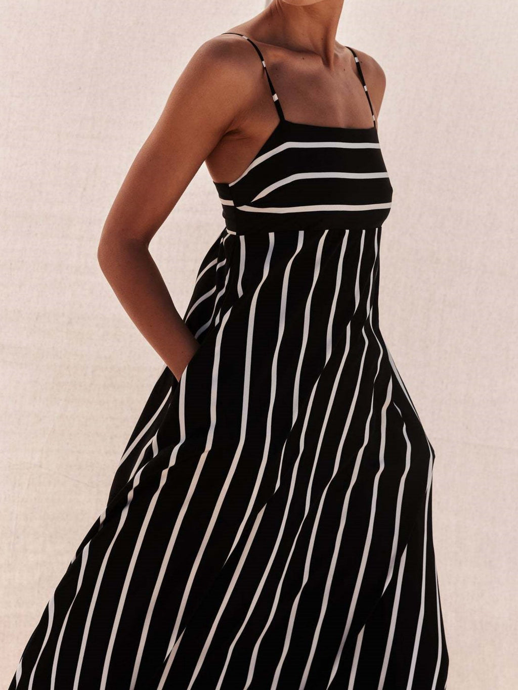 Striped Color Blocking Spaghetti Strap Backless Large Skirt Pockets Maxi Dresses