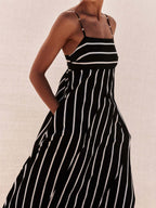 Striped Color Blocking Spaghetti Strap Backless Large Skirt Pockets Maxi Dresses