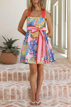 Sleeveless Back Criss Cross Bow Waist Sun Print Mini Dress