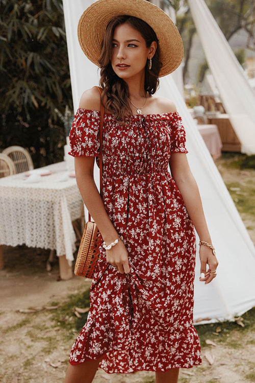 Off Shoulder Smocked Bodice Puff Sleeve Ruffle Hem Floral Midi Dress