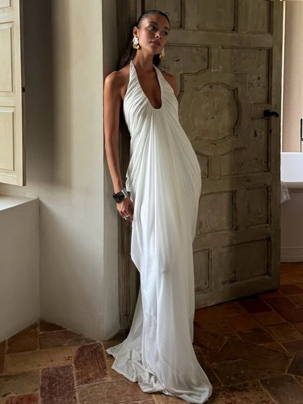 Loose-fitting, Backless, Sleeveless, V-neck, Pleated Halter-neck Mesh Long Dress
