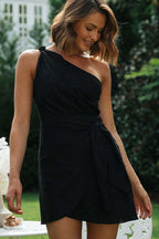 One Shoulder Pleated Bodice Tie Waist Wrap Skirt Gauze Mini Dress