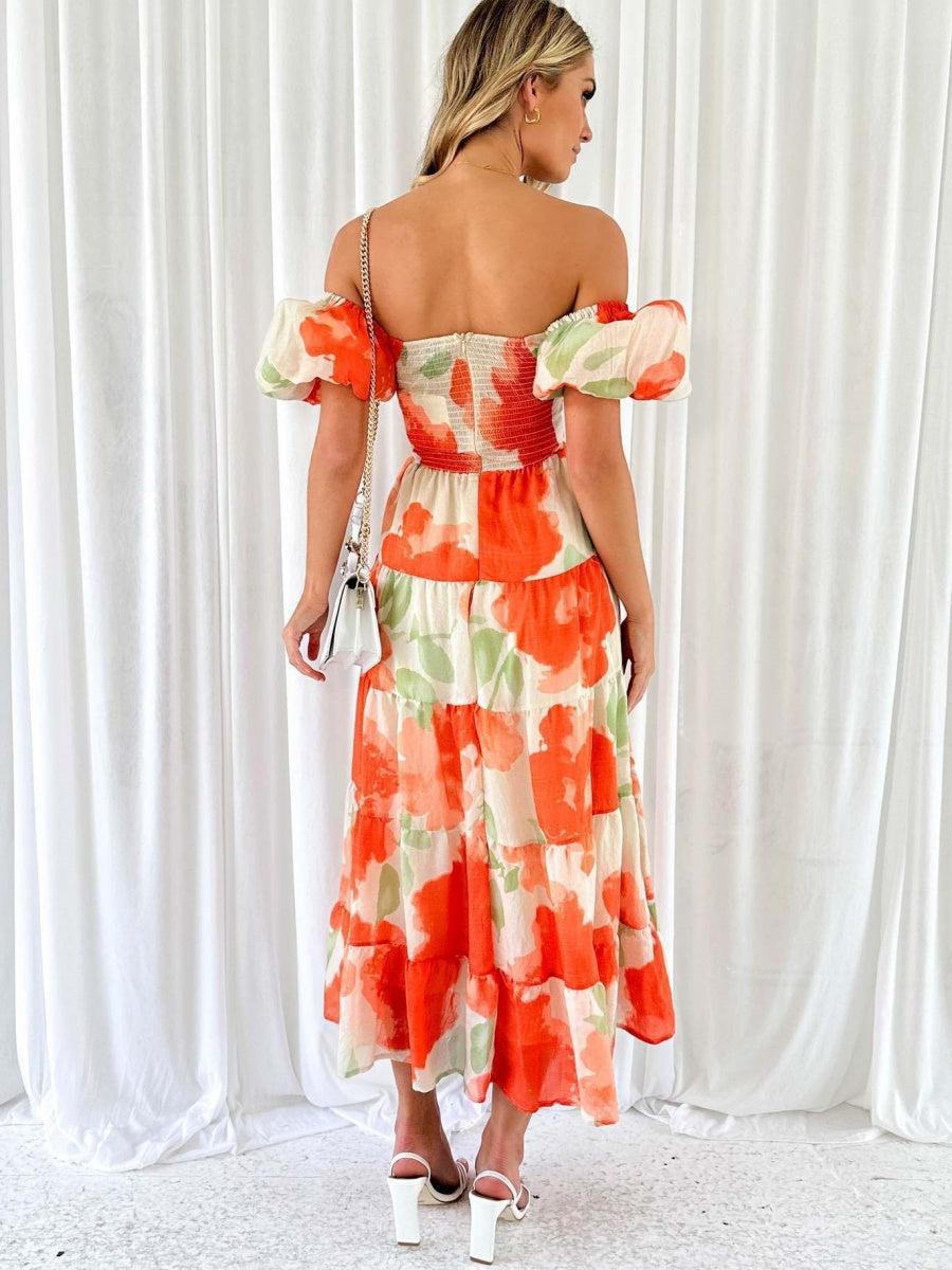 Printed Puff Sleeve Sweetheart Collar Vacation Maxi Dresses