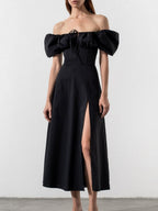Square Collar Bandage Puff Sleeve Slit Midi Dresses