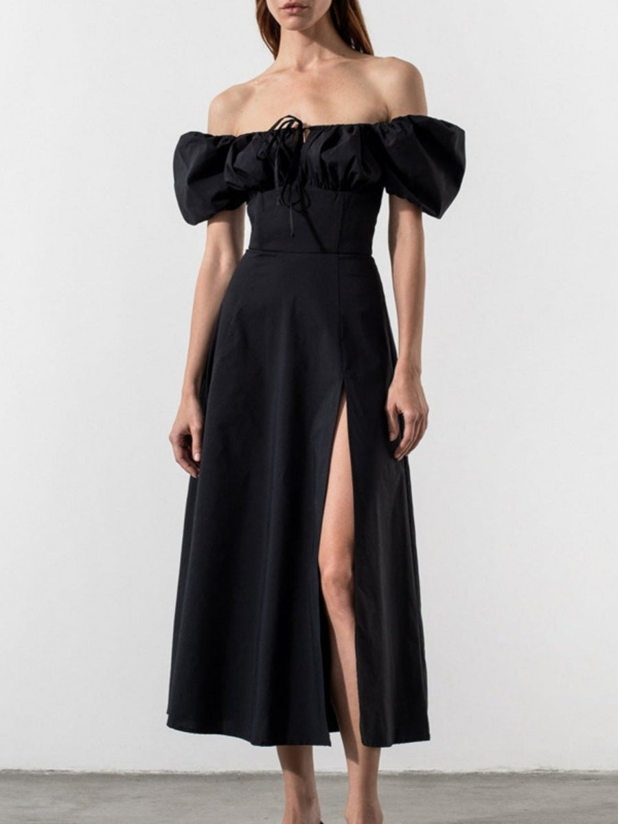 Square Collar Bandage Puff Sleeve Slit Midi Dresses