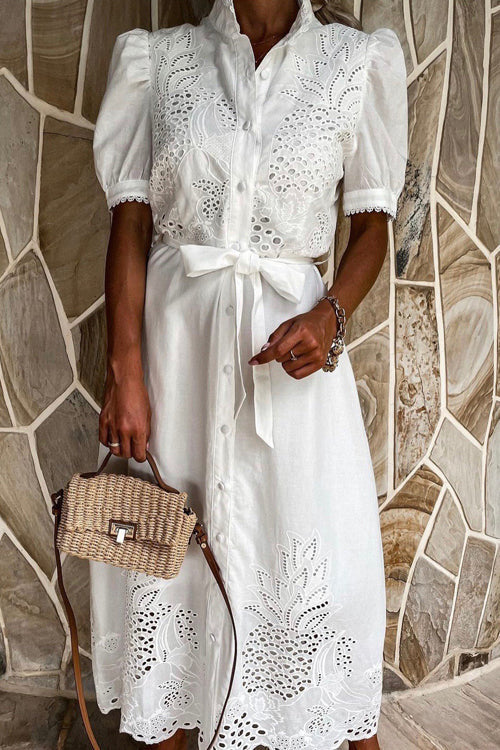 Pineapple Eyelet Embroidery Puff Sleeve Shirt Collar Button Midi Dress
