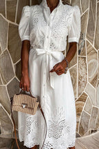 Pineapple Eyelet Embroidery Puff Sleeve Shirt Collar Button Midi Dress