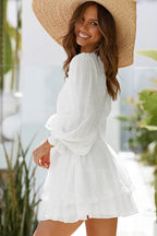 Tie Front Puff Sleeve Smocked Waist Tiered Ruffle Mini Set