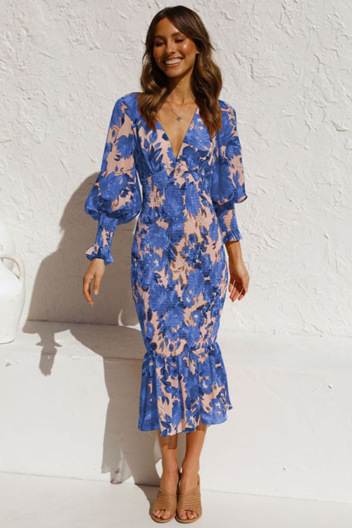 Floral Print Deep V-Neck Puff Sleeve Smocked Ruffle Hem Midi Dress