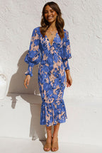Floral Print Deep V-Neck Puff Sleeve Smocked Ruffle Hem Midi Dress