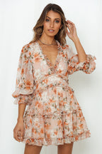 Floral Print Deep V-Neck Bishop Sleeve Tiered Ruffle Mini Dress