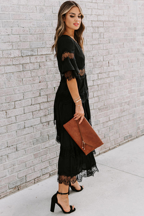 Deep V Neck Lace Trim Tiered Layered Ruffle Midi Dress
