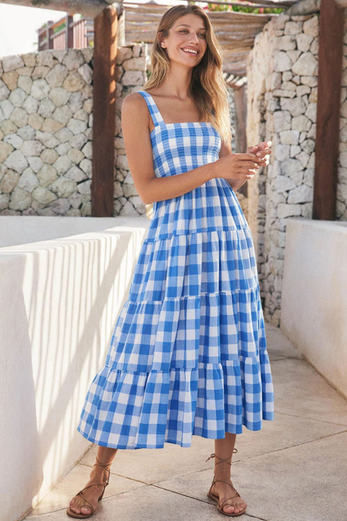 Gingham Square Neck Smocked Wide Strap Tiered Babydoll Maxi Dress