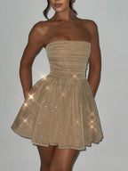 Bow Sequins Mesh Off-shoulder Mini Dresses