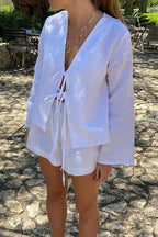 V Neck Bell Long Sleeves Lace Up Top