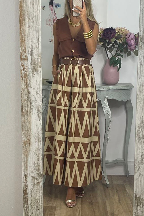 Pocketed Geometric Printed A-line Maxi Swing Skirt