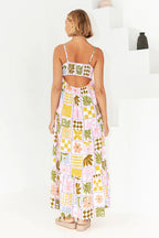 Square Neck Spaghetti Strap Graphic Print Empire Waist Maxi Dress