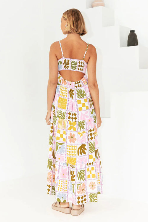 Square Neck Spaghetti Strap Graphic Print Empire Waist Maxi Dress