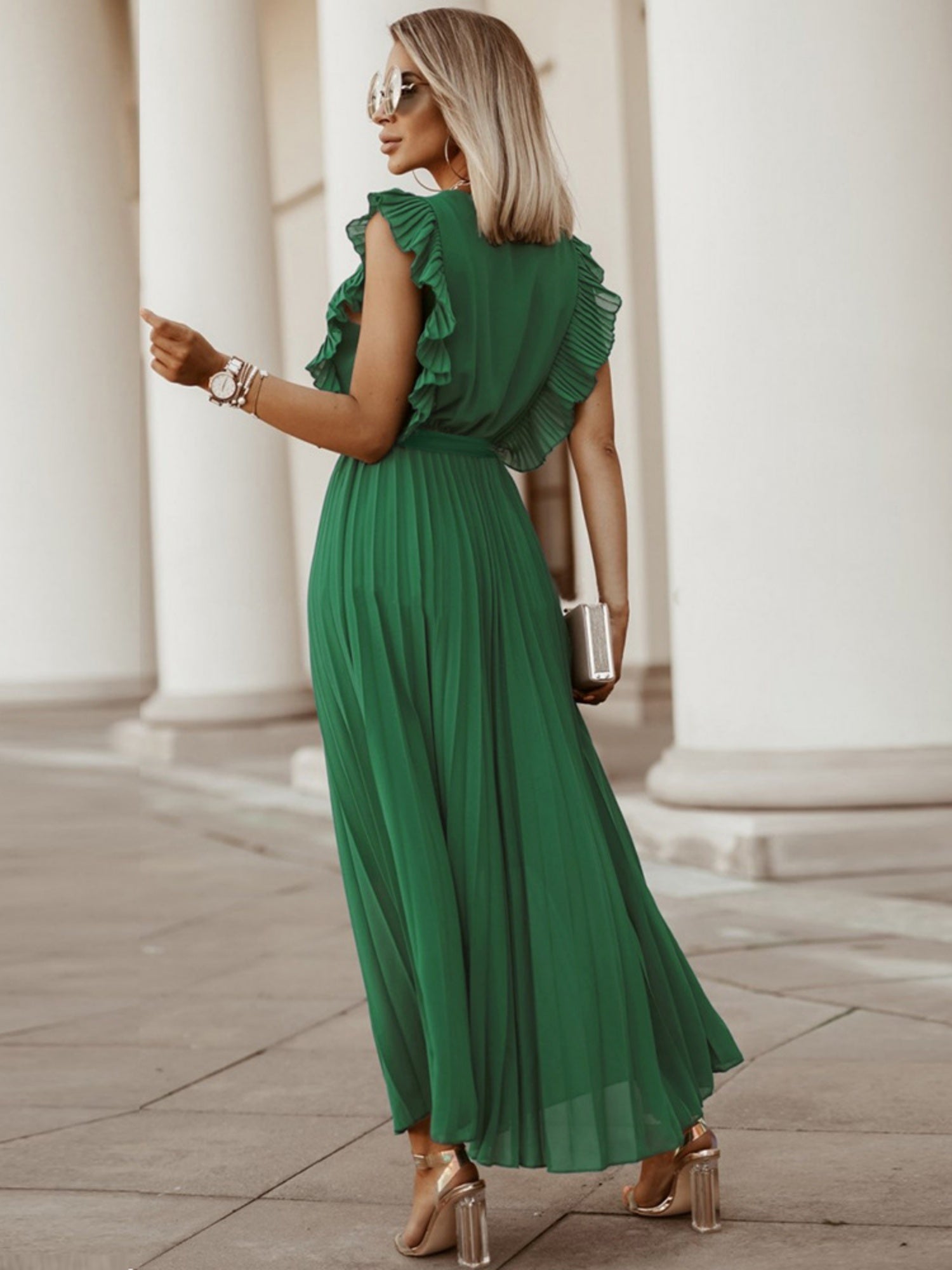 Lotus Leaf Sleeves Bow Chiffon Pleats Vacation Style Maxi Dresses
