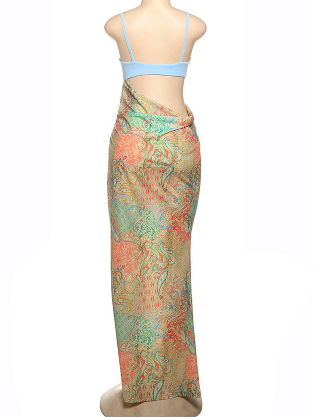 Printed Color Blocking Backless And Navel Exposed Strapless Bra Maxi Dresses