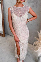 Sleeveless Side Slit Sequin Maxi Dress with Inner Lining