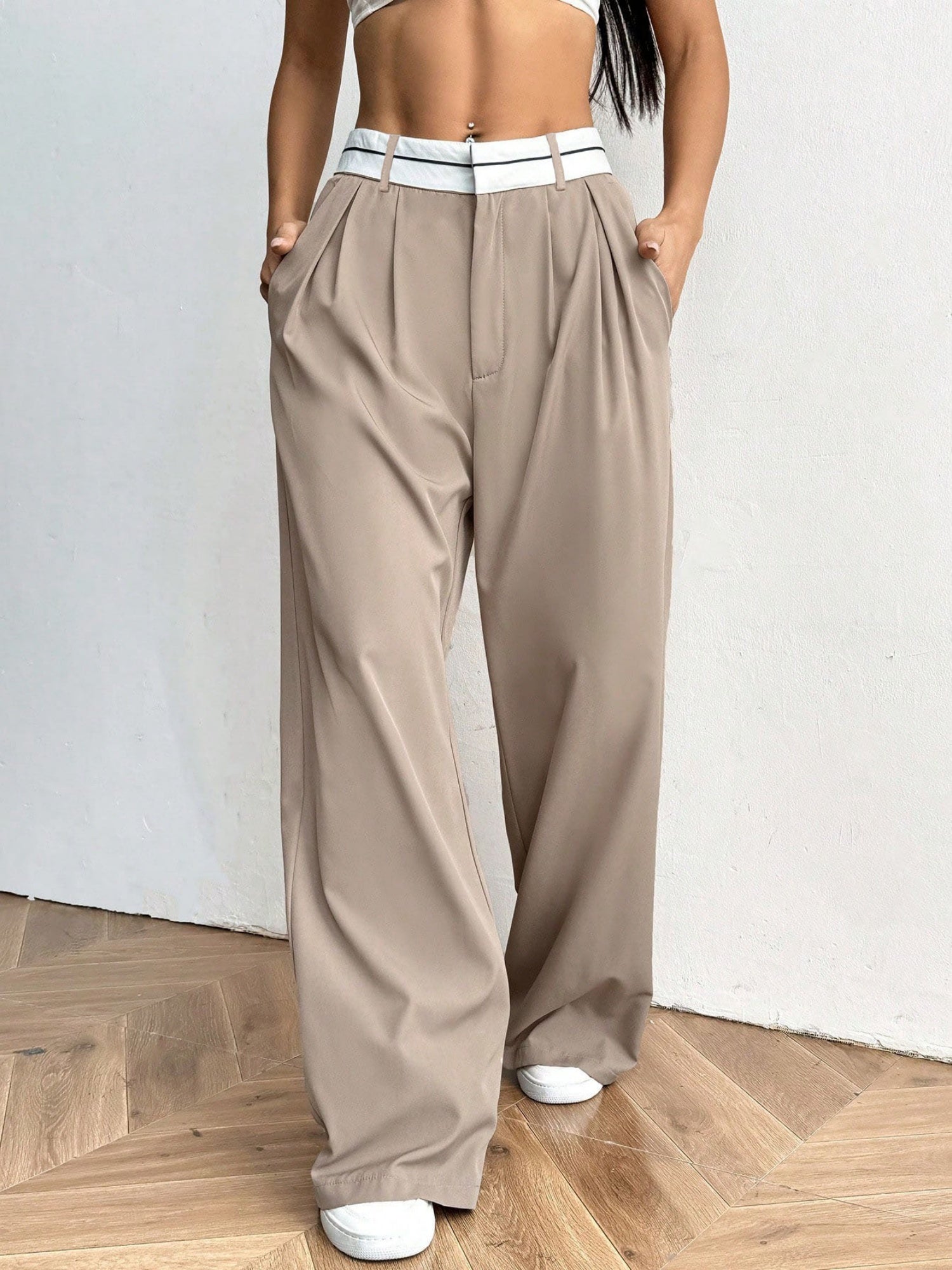 Color-blocked Suit Trousers Pocket Pleats Pants