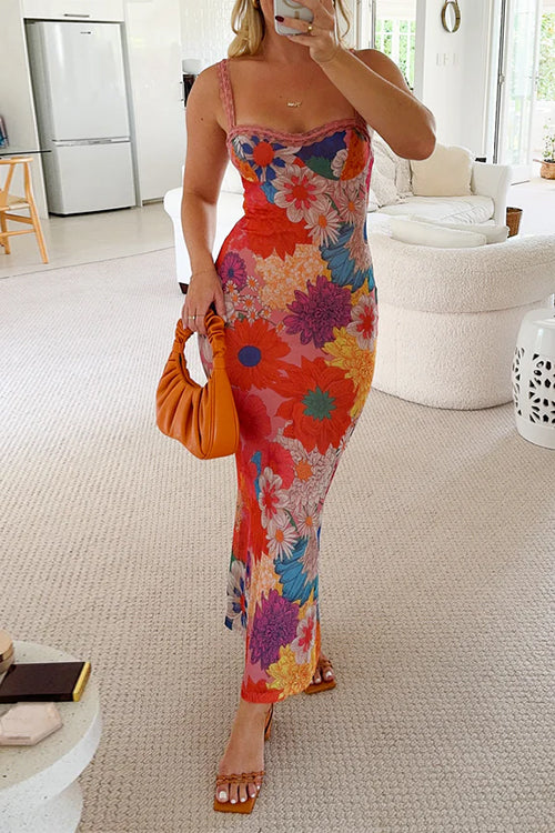 Lace Trim Floral Print Bodycon Cami Maxi Holiday Dress