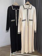 Lapel Contrasting Trim Elegant Chanel Style Pleated Loose Long Knitted Dress
