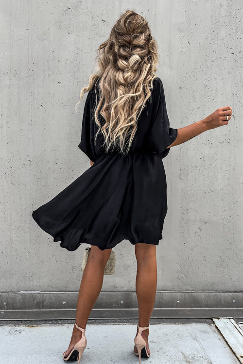 Satin Wrap Front Twist Waist Flutter Sleeve Ruffle Hem Mini Dress