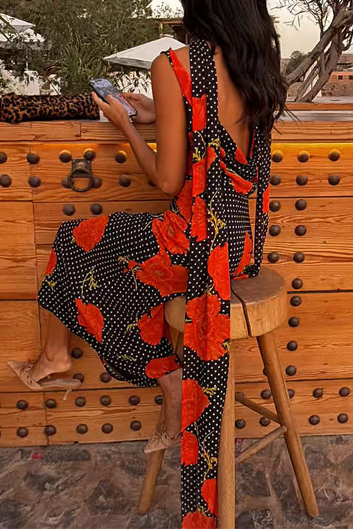 Cowl Neck Backless Floral Print Maxi Dress with Scarf