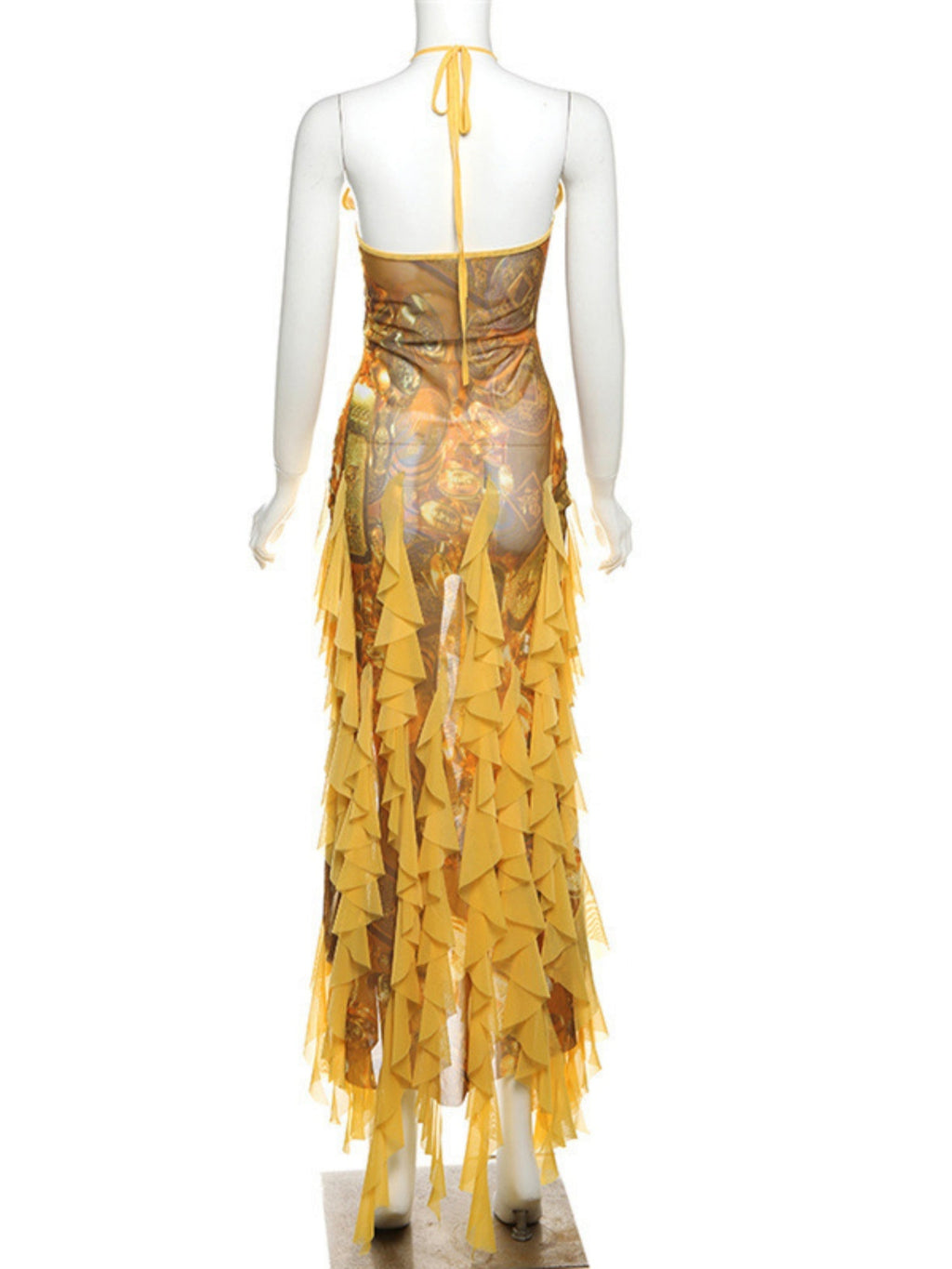 Printed Ruffle Deep V-neck Backless Maxi Dresses