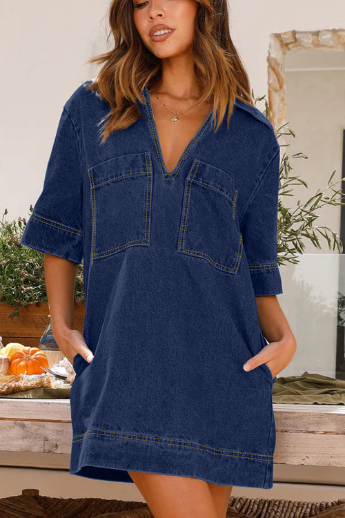 Collared Deep V-Neck Chest Patch Pocket Denim Shift Mini Dress