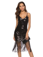 Deep V-neck Tassel Embroidery Sexy Sequined Backless Dress Midi Dresses