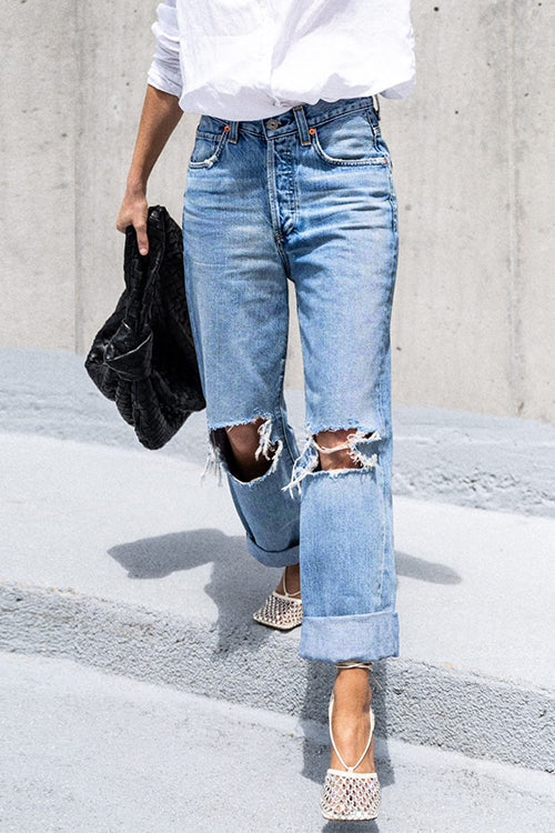 Straight Leg Ripped Boyfriend Jeans