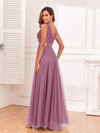 V-neck Embroidery Sequins Elegant Gauze Formal Dress Maxi Dresses