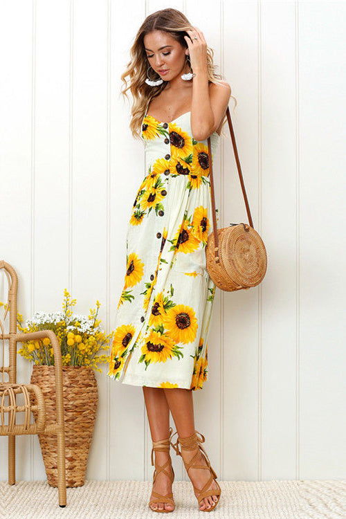 Sunflower Print Spaghetti Strap Button Front Fit and Flare Midi Dress