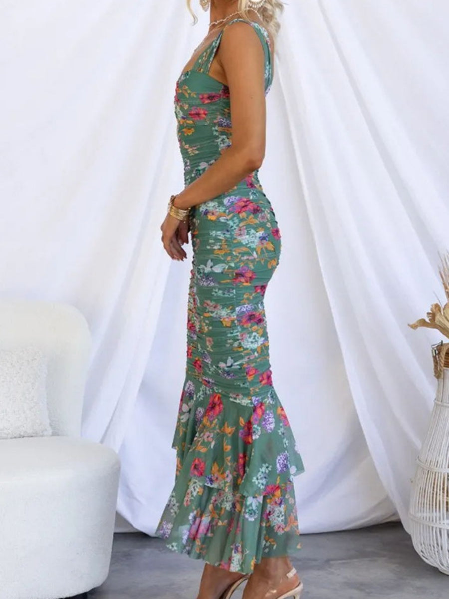 Printed Gathering Camisoles V-neck Ruffle Maxi Dresses