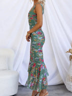 Printed Gathering Camisoles V-neck Ruffle Maxi Dresses
