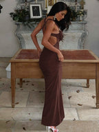 Swing Collar Halter Metal Decoration Maxi Dresses